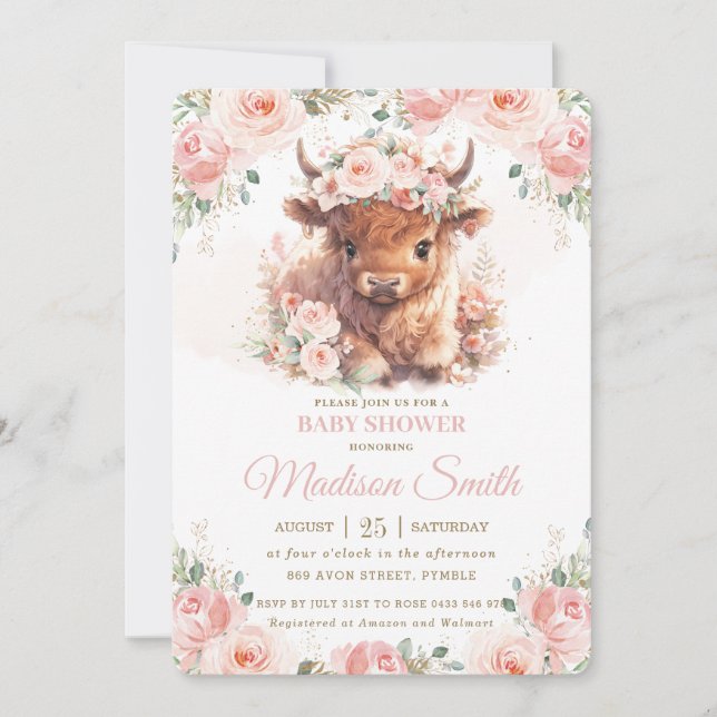 Fluffy Highland Cow Pink Blush Floral Baby Shower Invitation (Front)