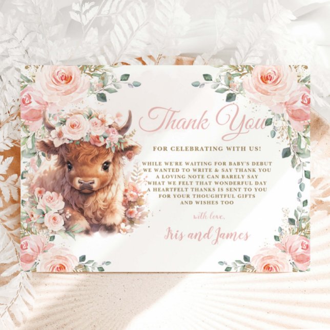 Fluffy Highland Cow Pink Blush Floral Baby Shower Thank You Card (Creator Uploaded)
