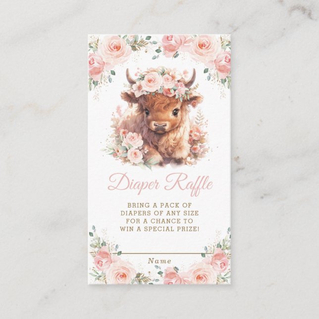 Fluffy Highland Cow Pink Floral Baby Diaper Raffle Enclosure Card (Front)