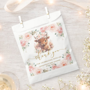 Fluffy Highland Cow Pink Floral Baby Shower Favour Bags