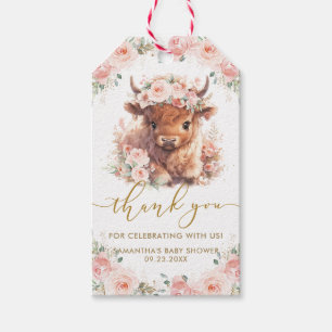 Fluffy Highland Cow Pink Floral Baby Shower Gift Tags