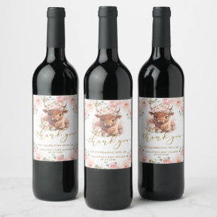 Fluffy Highland Cow Pink Floral Baby Shower Wine Label