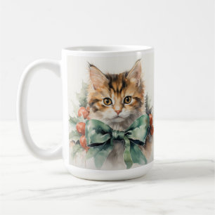 FLUFFY HOLIDAY CALICO KITTEN WITH GREEN BOW COFFEE MUG