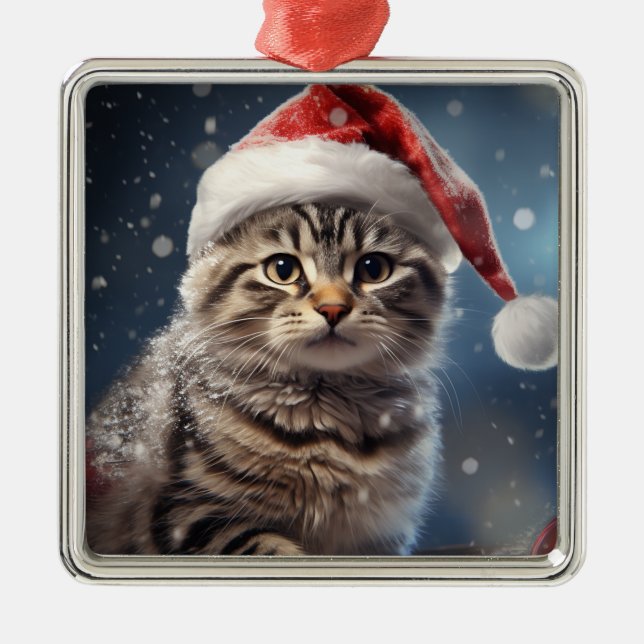 FLUFFY HOLIDAY CHRISTMAS BROWN TABBY KITTEN METAL TREE DECORATION (Front)