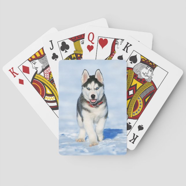 Fluffy Husky Puppy running in the snow Playing Cards (Back)