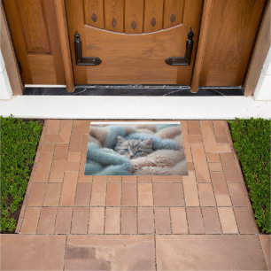Fluffy Kitten in a Soft Blanket Doormat