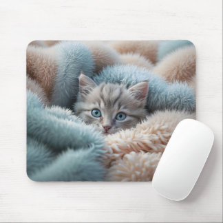 Fluffy Kitten in a Soft Blanket Mouse Mat