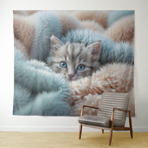 Fluffy Kitten in a Soft Blanket Tapestry
