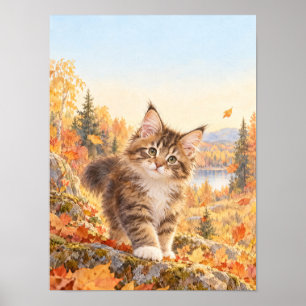 Fluffy kitten in colorful autumn leaves - Poster