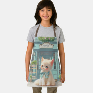 Fluffy Kitten with Blue Bow at Pastry Shop Apron