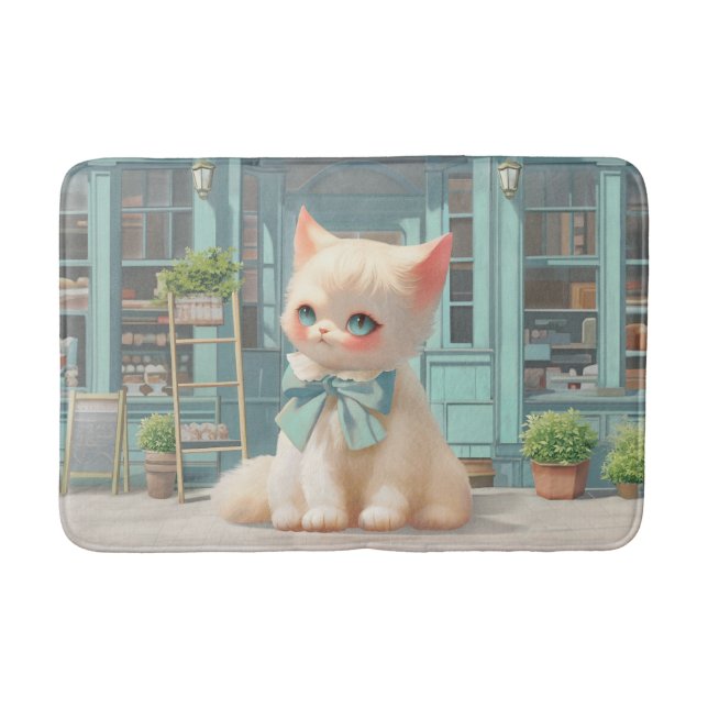 Fluffy Kitten with Blue Bow at Pastry Shop Bath Mat (Front)