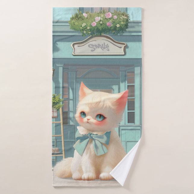Fluffy Kitten with Blue Bow at Pastry Shop Bath Towel Set (Bath Towel)