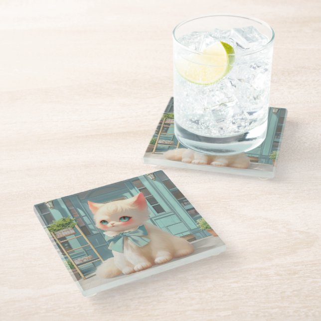 Fluffy Kitten with Blue Bow at Pastry Shop Glass Coaster (Angled)