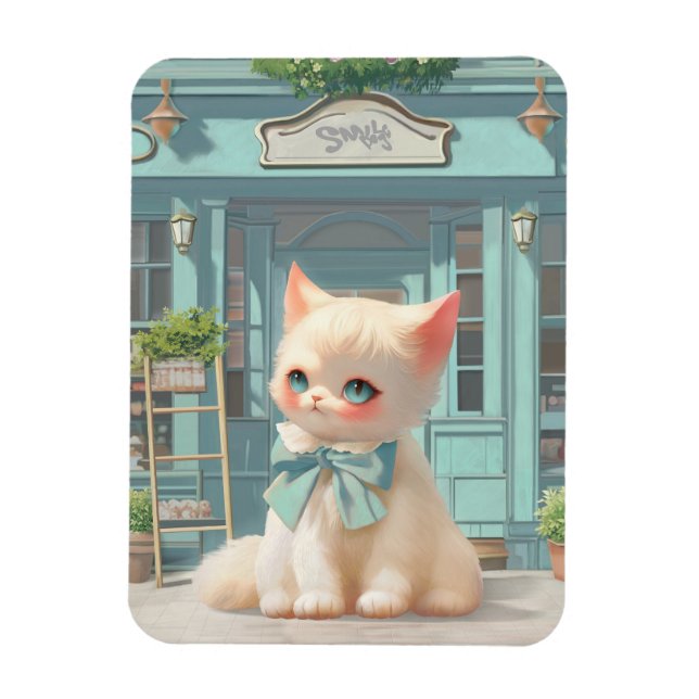 Fluffy Kitten with Blue Bow at Pastry Shop Magnet (Vertical)