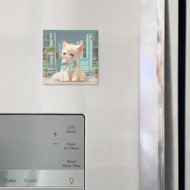 Fluffy Kitten with Blue Bow at Pastry Shop Magnet (In Situ (Fridge))