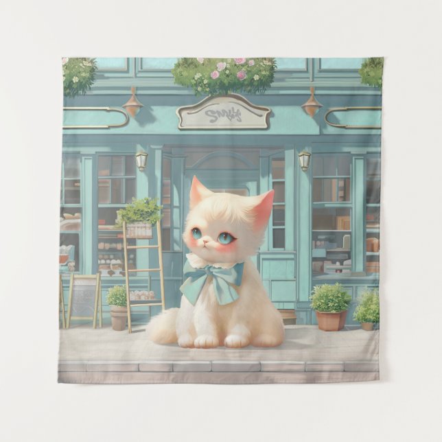 Fluffy Kitten with Blue Bow at Pastry Shop Tapestry (Front)