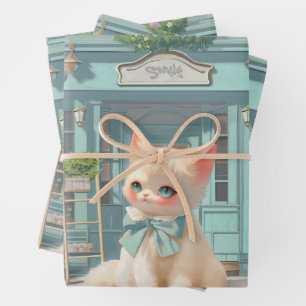 Fluffy Kitten with Blue Bow at Pastry Shop Wrapping Paper Sheet