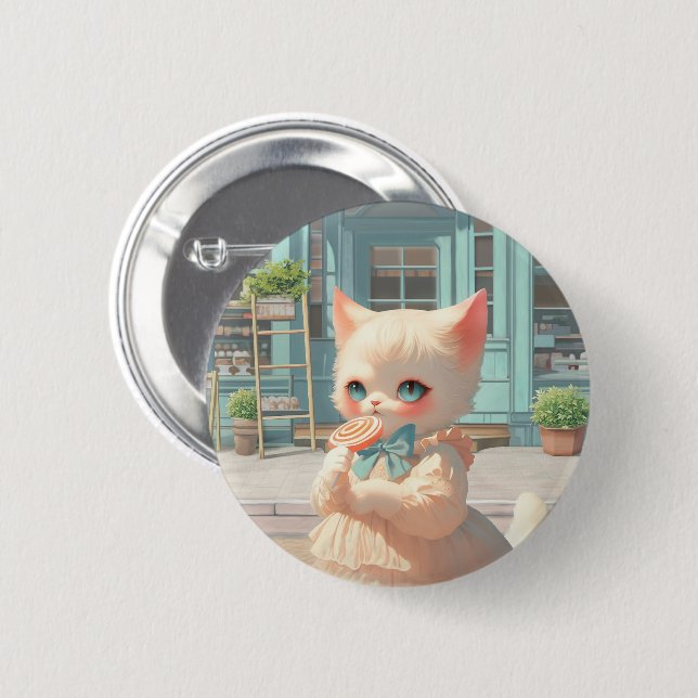 Fluffy Kitten with Lollipop at Pastry Shop 6 Cm Round Badge (Front & Back)