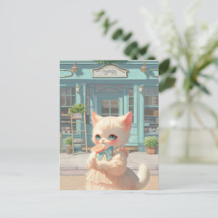 Fluffy Kitten with Lollipop at Pastry Shop Announcement Postcard