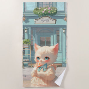 Fluffy Kitten with Lollipop at Pastry Shop Beach Towel