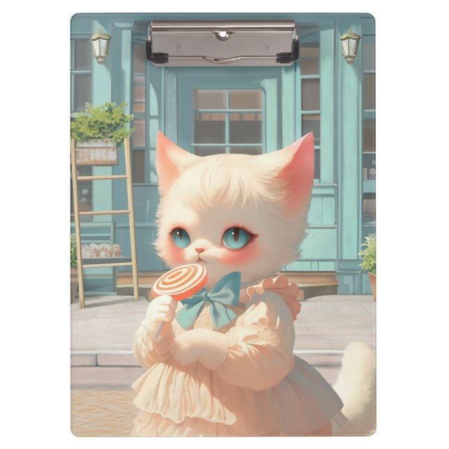 Fluffy Kitten with Lollipop at Pastry Shop Clipboard (Front)