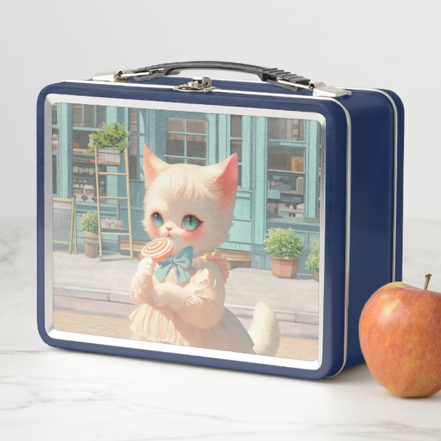 Fluffy Kitten with Lollipop at Pastry Shop Metal Lunch Box (In Situ)