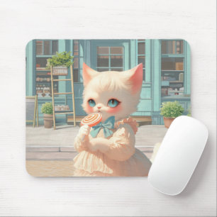 Fluffy Kitten with Lollipop at Pastry Shop Mouse Mat