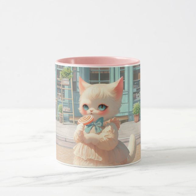 Fluffy Kitten with Lollipop at Pastry Shop Mug (Center)