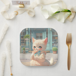 Fluffy Kitten with Lollipop at Pastry Shop Paper Plate