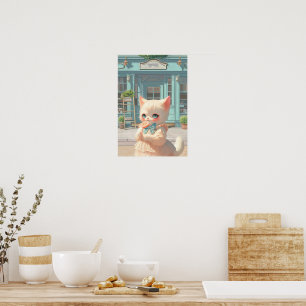 Fluffy Kitten with Lollipop at Pastry Shop Poster
