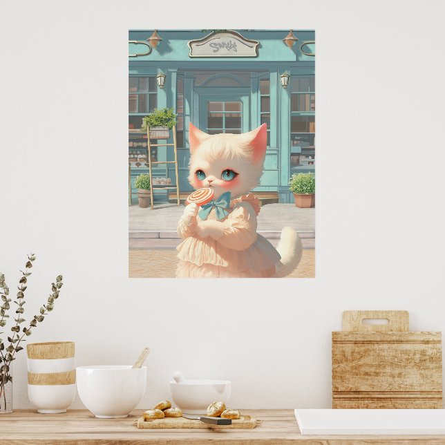 Fluffy Kitten with Lollipop at Pastry Shop Poster (Kitchen)
