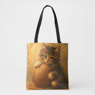 Fluffy Kitten with Yarn Ball – Impressionist Tote Bag