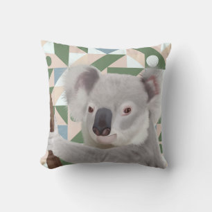 Fluffy Koala Green Geometric Background Cushion