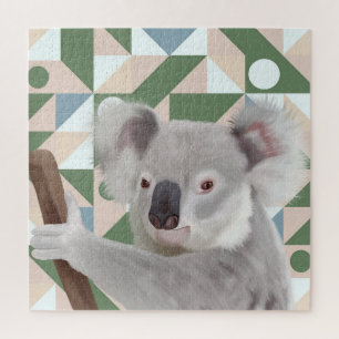 Fluffy Koala Green Geometric Background Jigsaw Puzzle