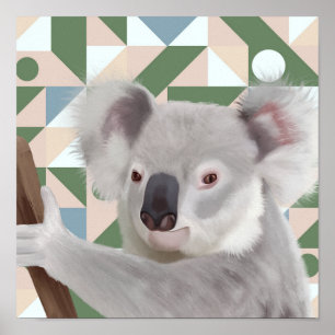 Fluffy Koala Green Geometric Background Poster