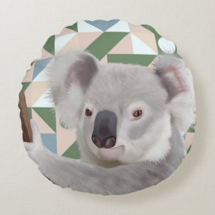 Fluffy Koala Green Geometric Background Round Cushion