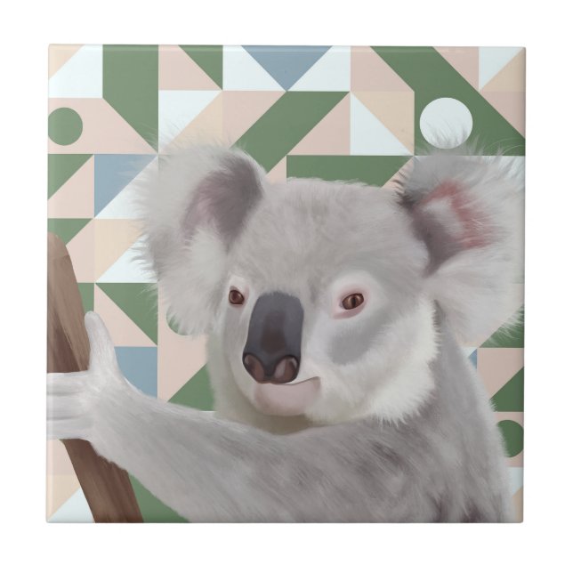 Fluffy Koala Green Geometric Background Tile (Front)