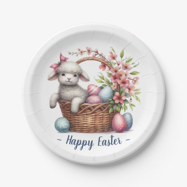 Fluffy Lamb and Easter Eggs Paper Plate (Front)