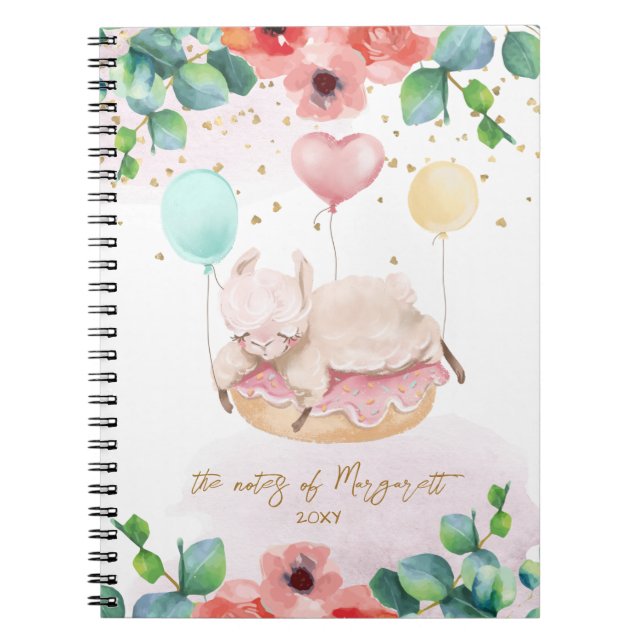 Fluffy Llama Illustration Floral Girl Daily Diary Notebook (Front)