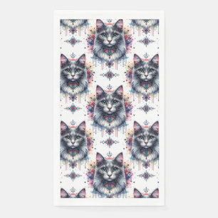 Fluffy Long Hair Grey and White Tuxedo Cat Napkin