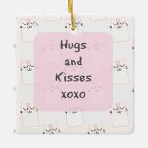 Fluffy Marshmallow Kitty in Pink Hugs and Kisses Ceramic Tree Decoration