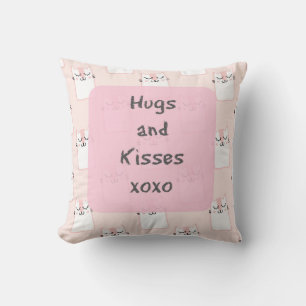 Fluffy Marshmallow Kitty in Pink Hugs and Kisses Cushion