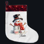 Fluffy Marshmallow Snowman  Large Christmas Stocking<br><div class="desc">Picture a delightful Christmas stocking featuring a cute, fluffy snowman crafted from marshmallows. Around his base, marshmallows with pink centres appear to melt. He sports a top hat and a polka-dotted scarf. The stocking is finished with a border that mimics sparkling glitter in a rich red, providing a lovely contrast....</div>