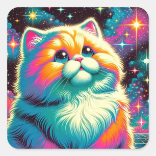 Fluffy Orange Pink Cat in Space Square Sticker