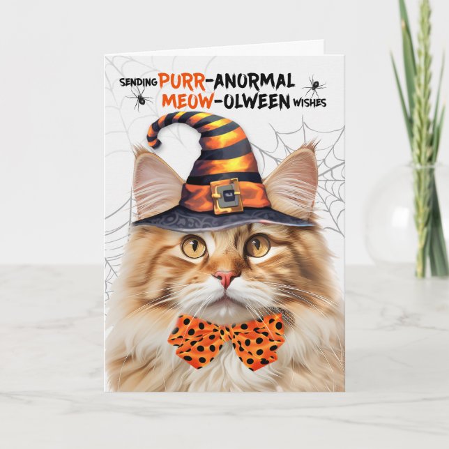 Fluffy Orange Tabby Cat PURRanormal MEOWolween Holiday Card (Front)