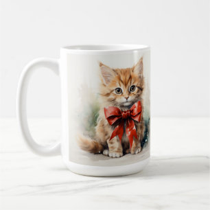 FLUFFY ORANGE TABBY KITTEN WITH RED BOW COFFEE MUG