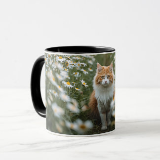Fluffy Orange & White Cat in Daisy Field Coffee Mu Mug