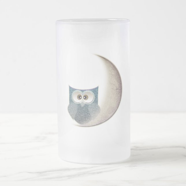 Fluffy Owl on the Moon Frosted Glass Beer Mug (Center)
