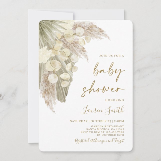 Fluffy pampas dried palms lunaria Baby Shower Invitation (Front)