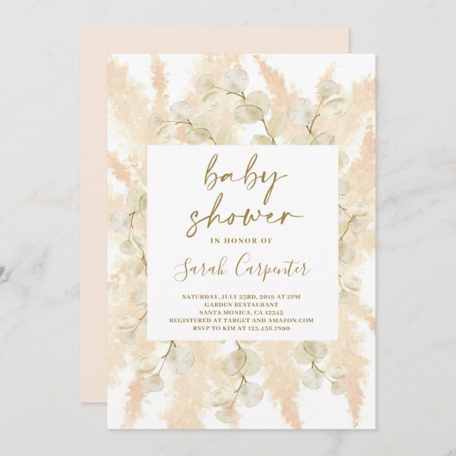 Fluffy Pampas lunaria Baby shower girl invitation (Front/Back)